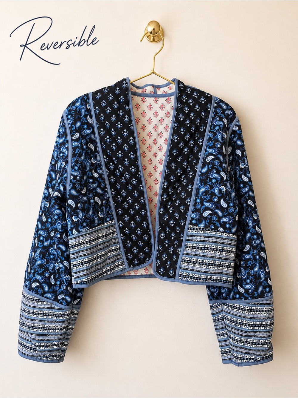 Reversible Quilted Paisley Floral Patchwork Cropped Jacket Blue Pink by
